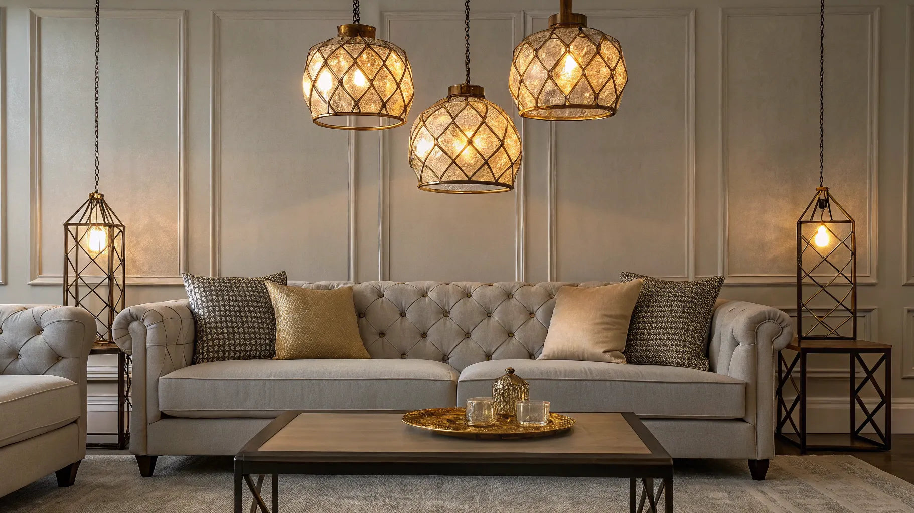 Multi-light swag pendant illuminating a living room.