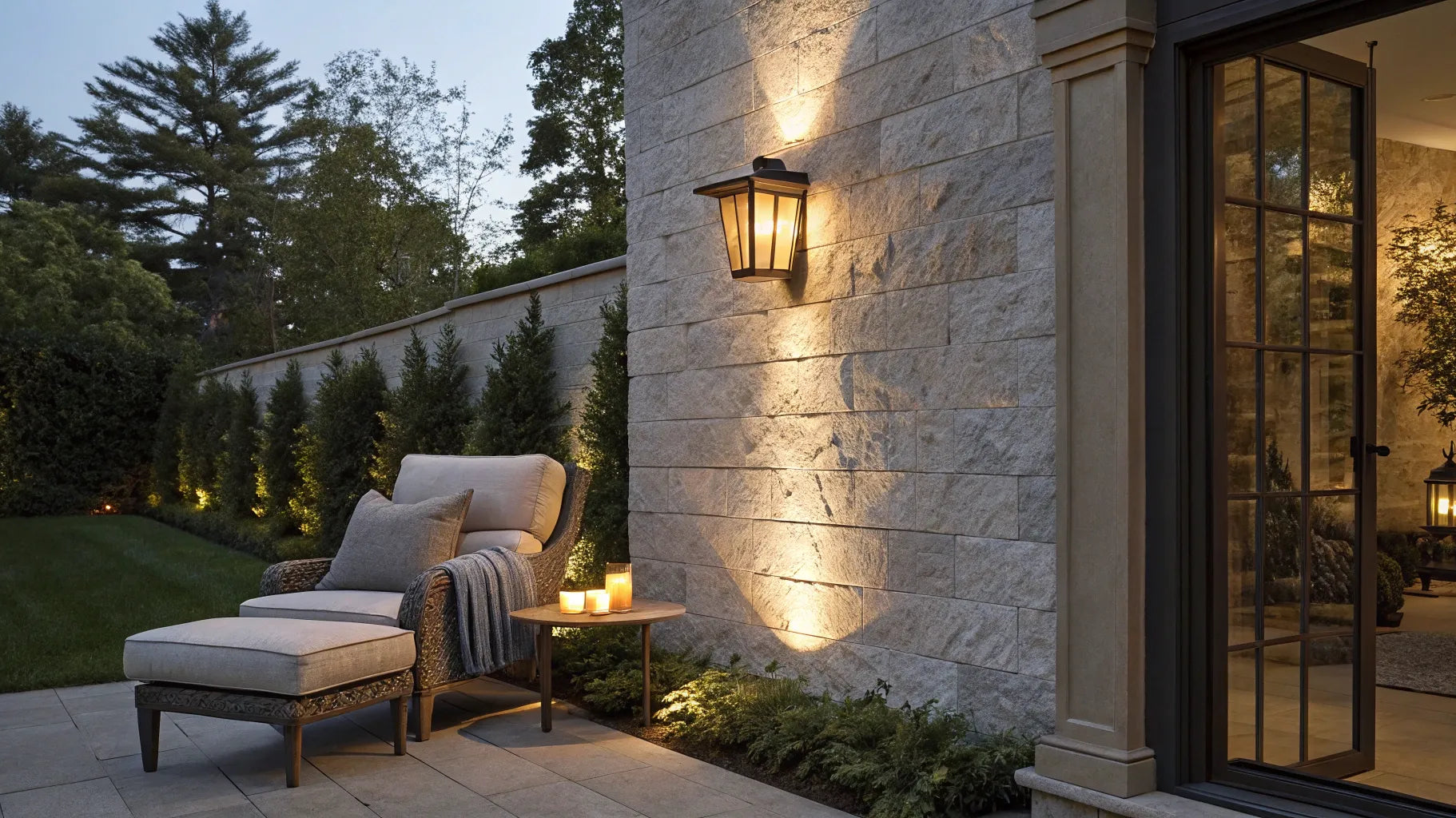 Outdoor wall sconce illuminates a stone wall.