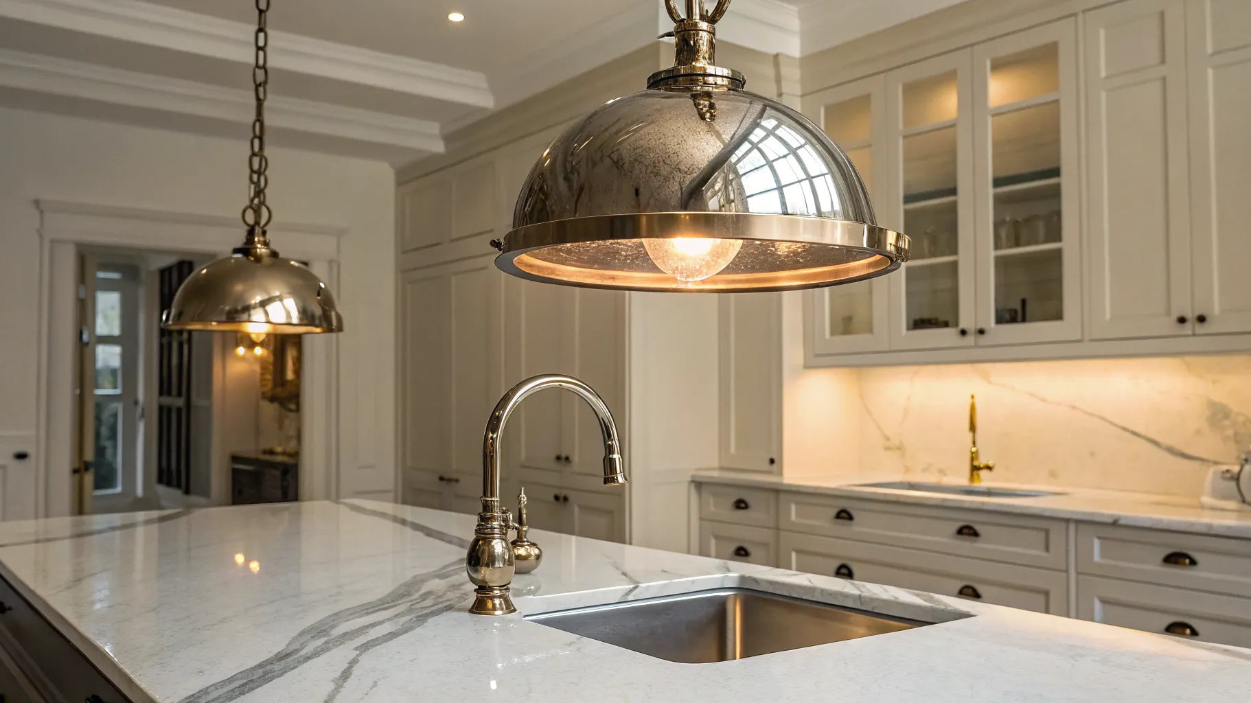 Pendant light above kitchen sink.