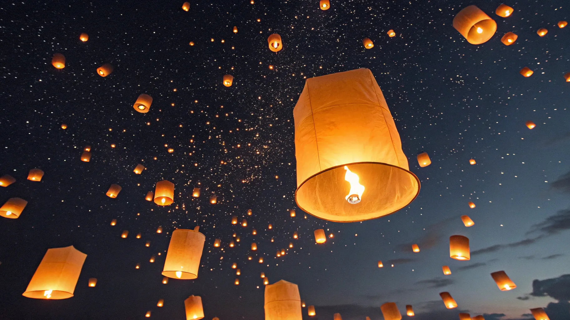Sky lanterns ascend into the starry night sky.