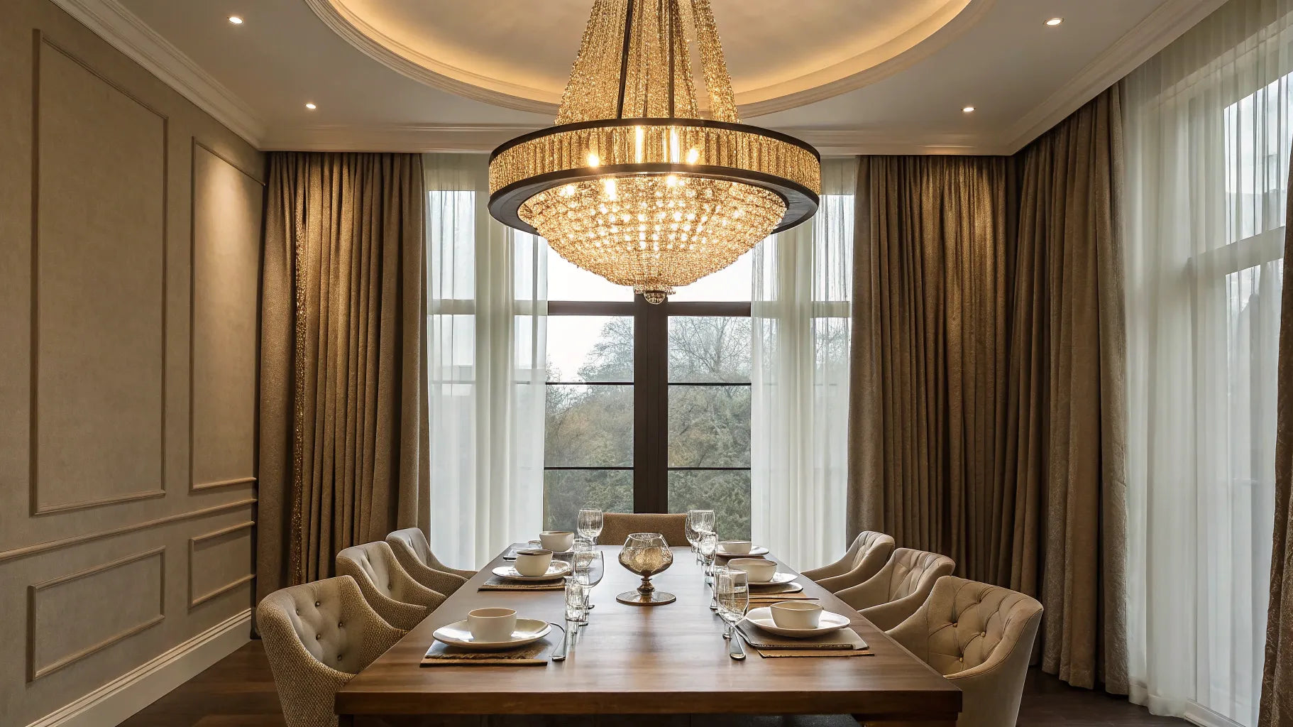 Small crystal chandelier above dining table.