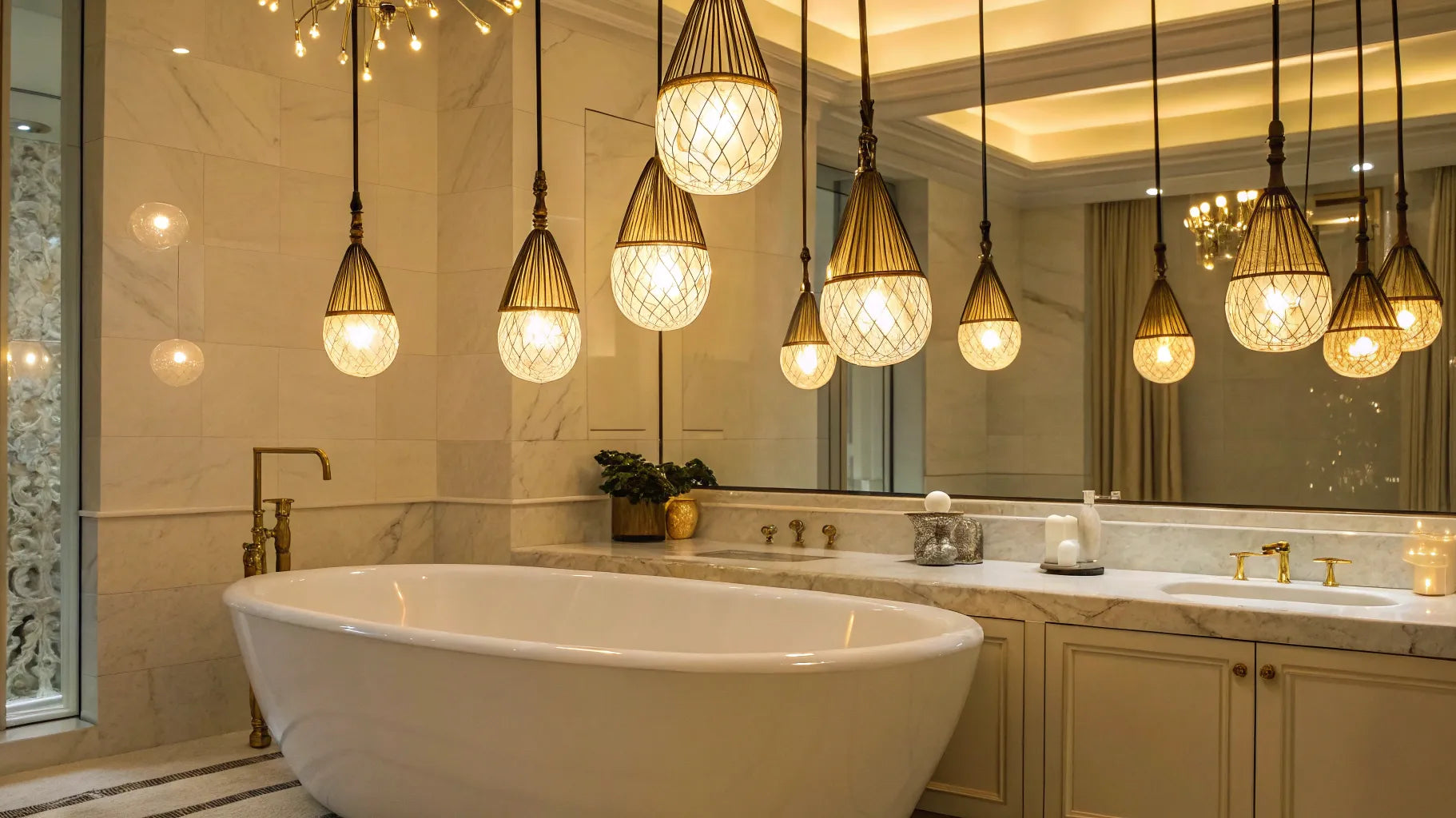 Mini pendant lights illuminate a modern bathroom.