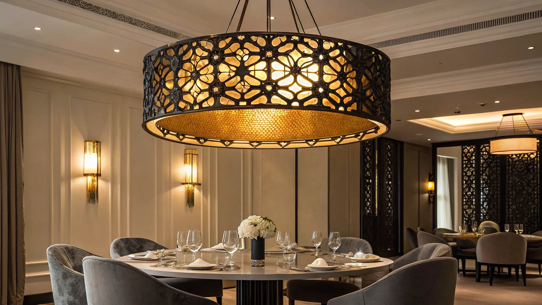 Black and gold pendant light fixture.