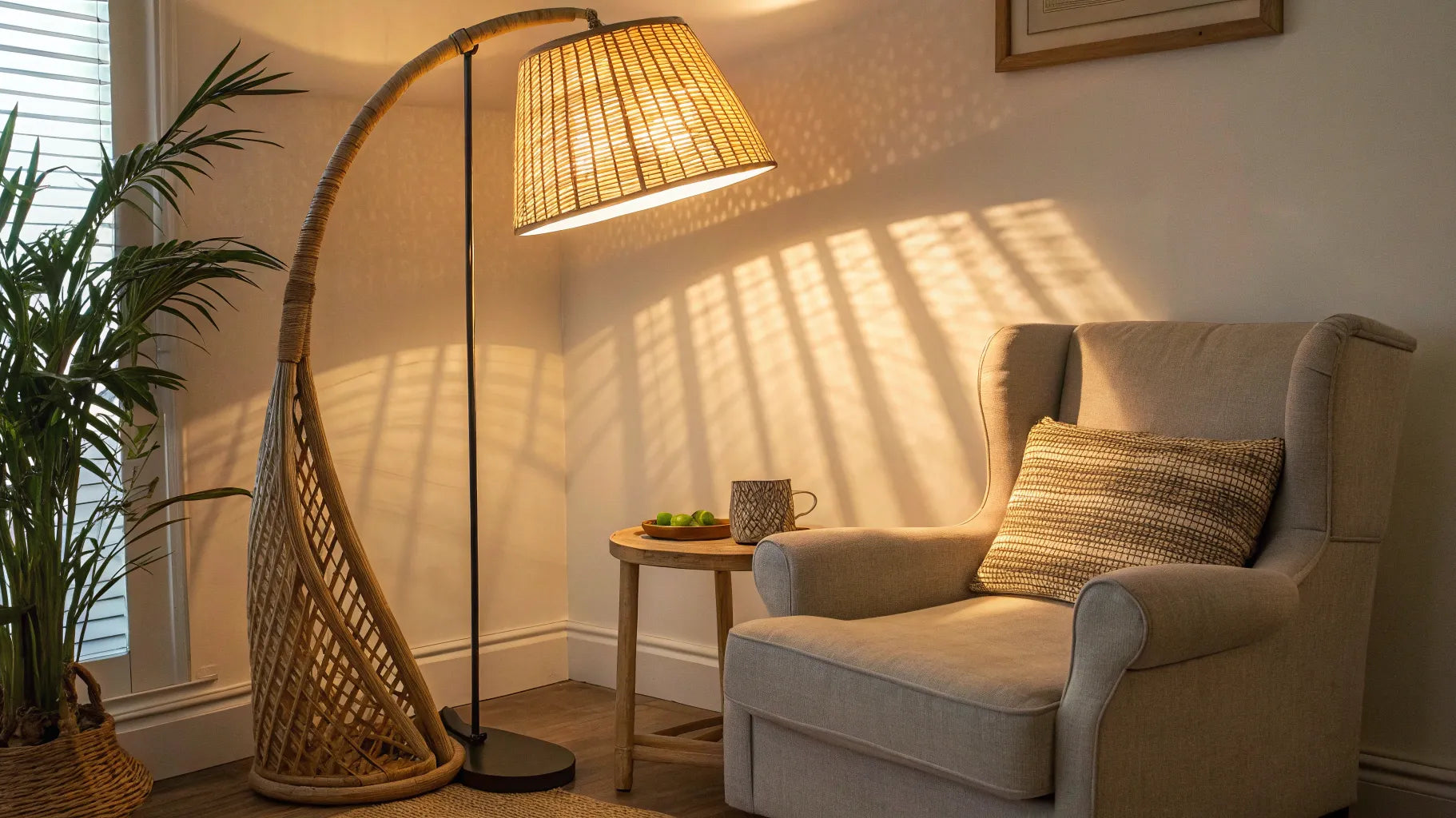 Wicker floor lamp casting warm light on a beige armchair.