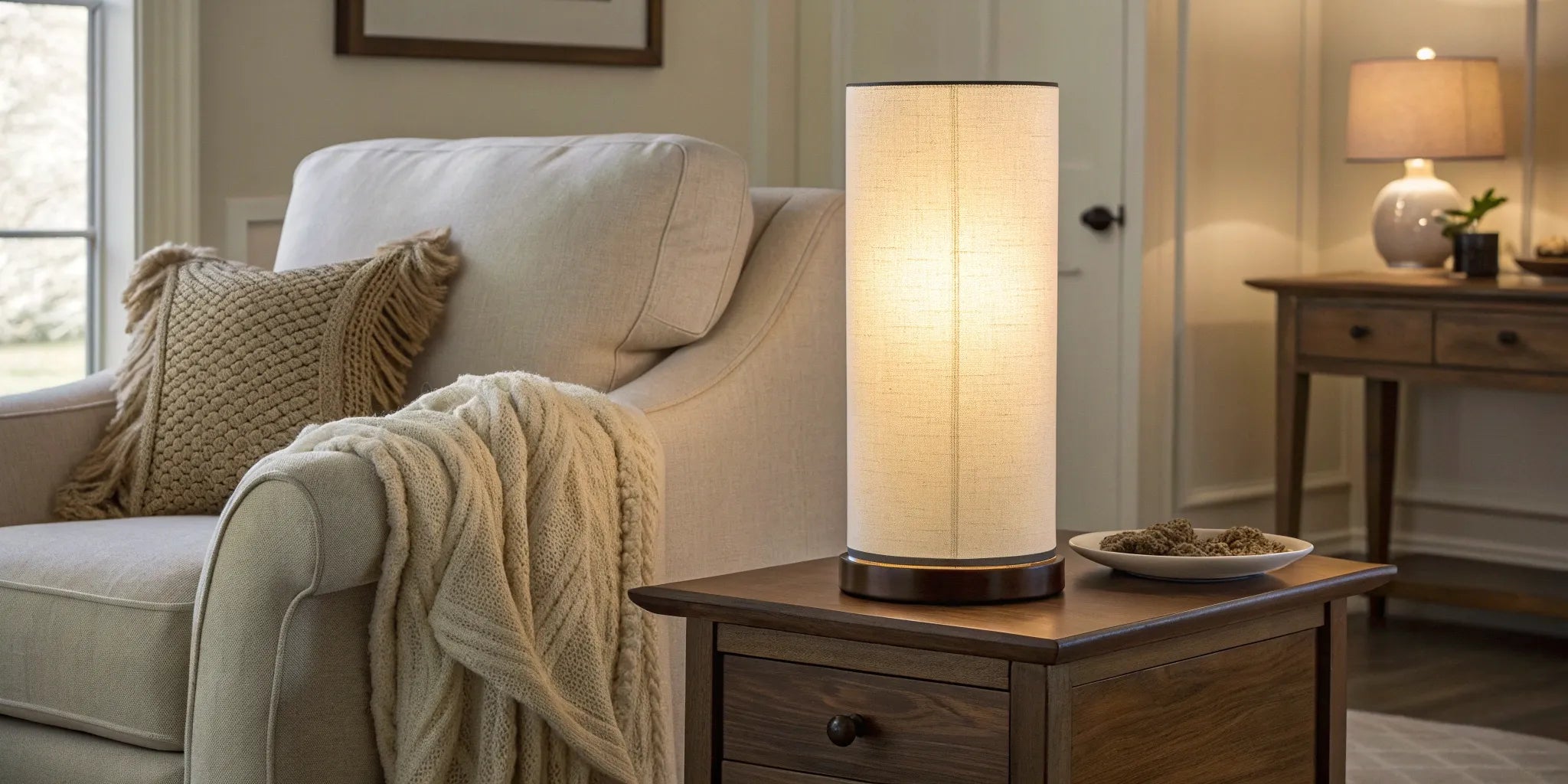 A stylish, cordless battery LED table lamp on a side table in a cozy living room.