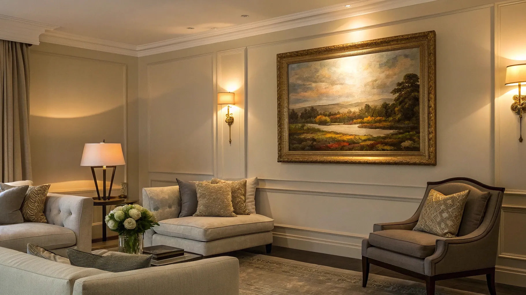 A battery picture light illuminates a framed painting on a living room wall.