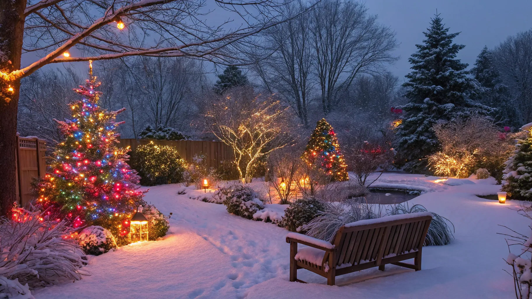 Snowy backyard decorated with battery powered outdoor Christmas lights at dusk.