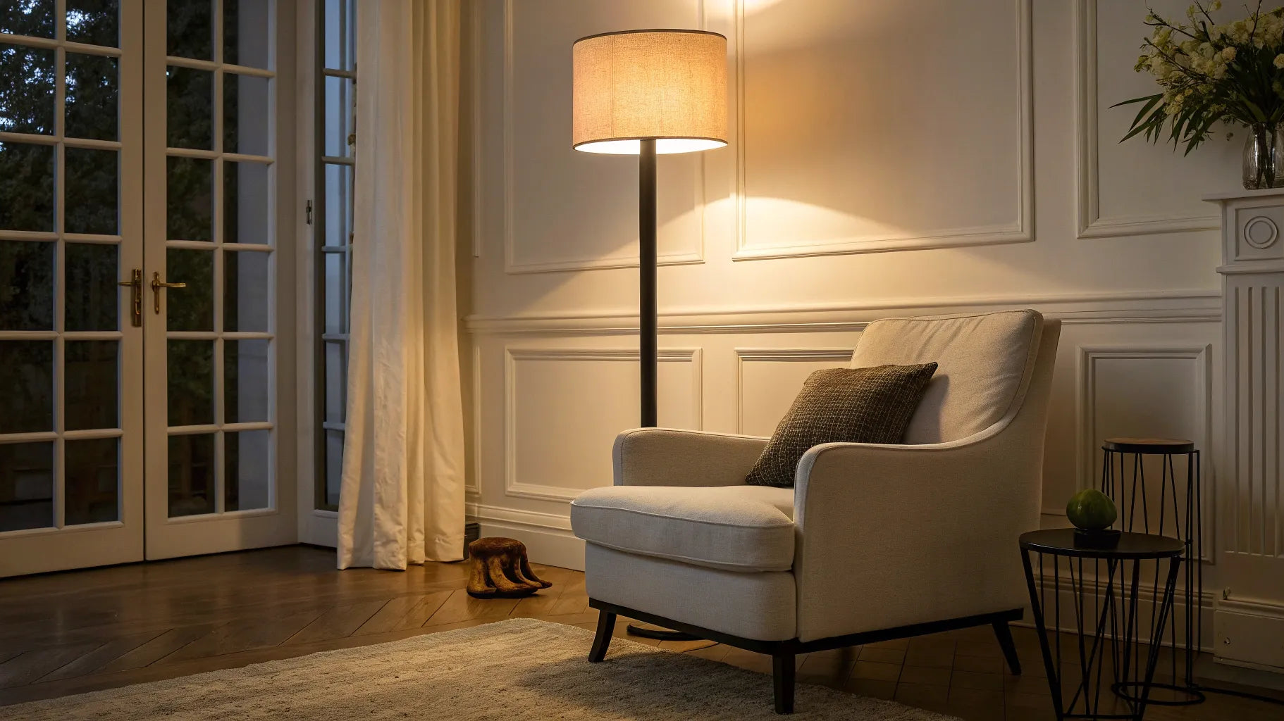Modern battery floor lamp beside a cozy armchair in a stylish living room.