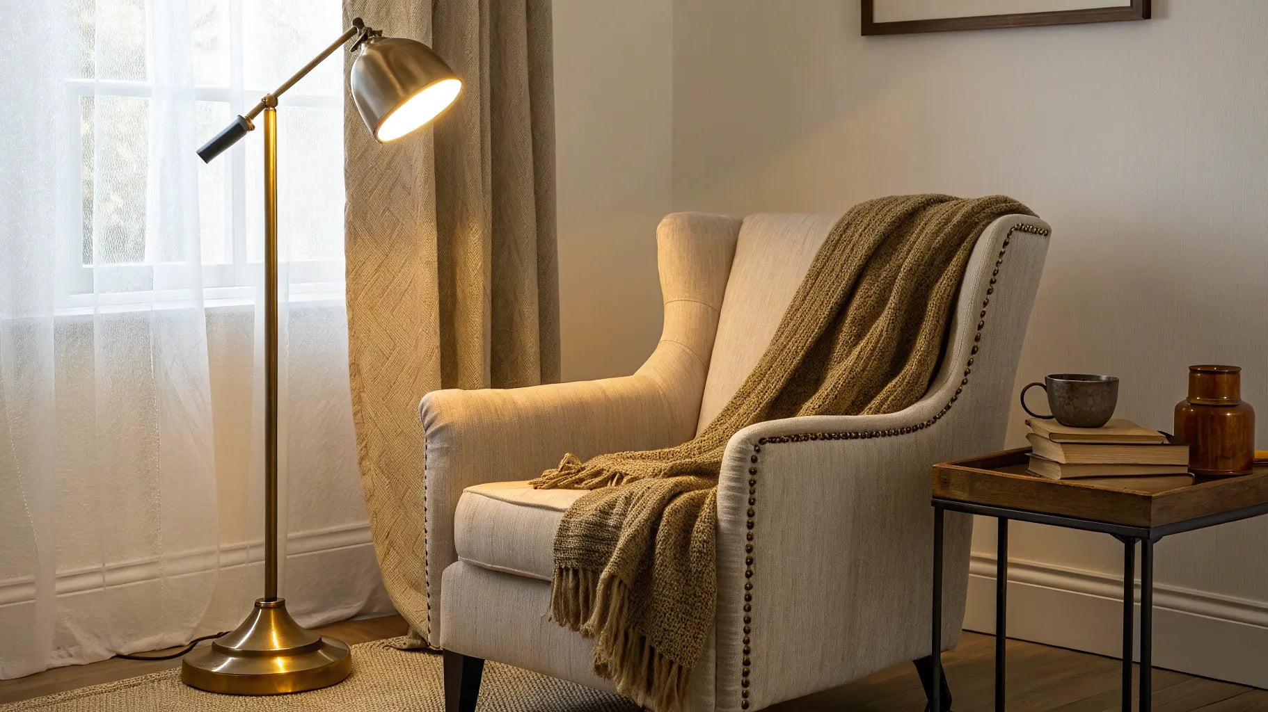 A stylish, cordless battery lamp lights a cozy reading nook from a side table.