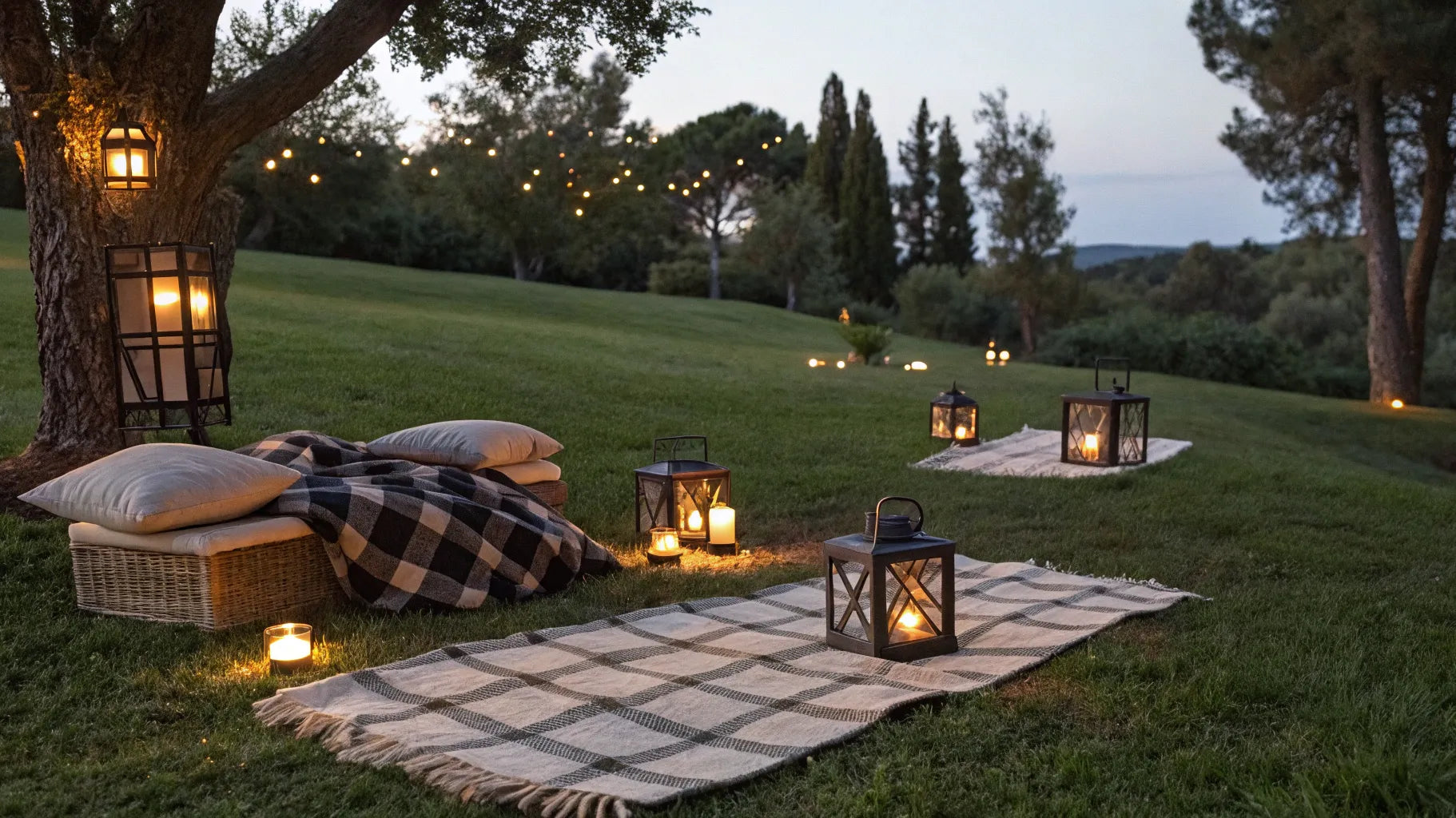 Battery lanterns illuminating a cozy outdoor picnic on the grass at dusk.