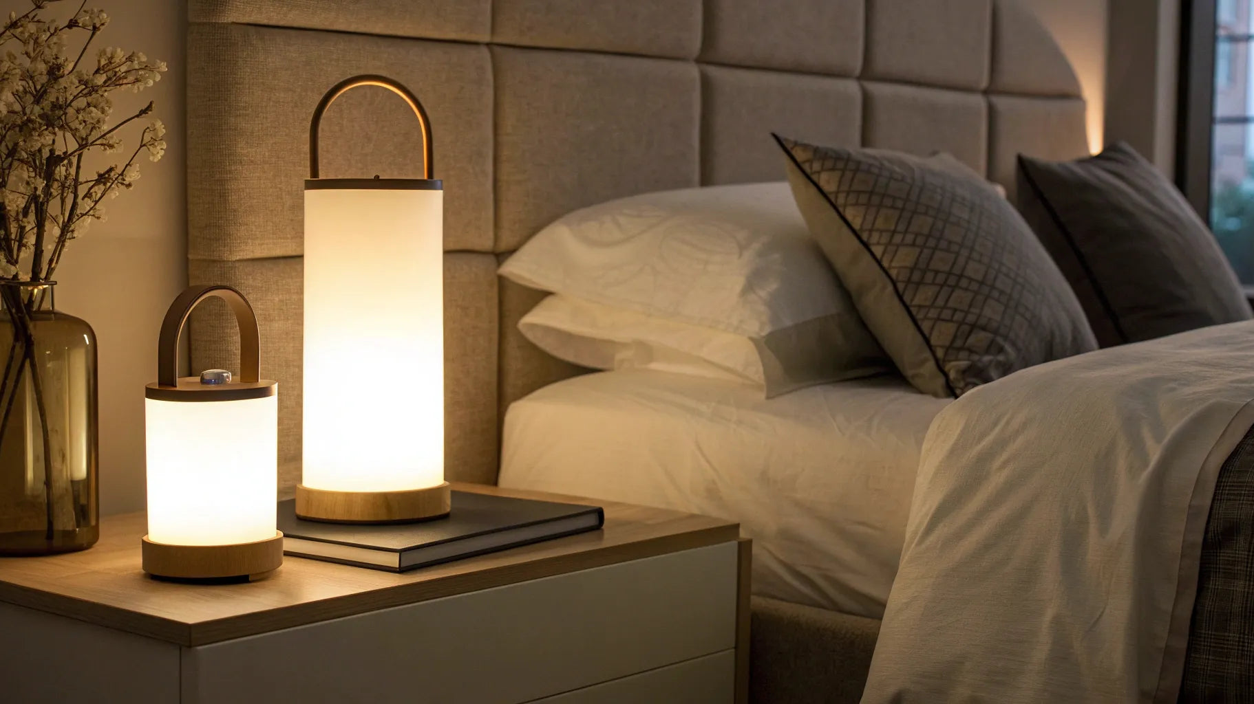 A modern battery night lamp glowing on a bedside table in a dark bedroom.