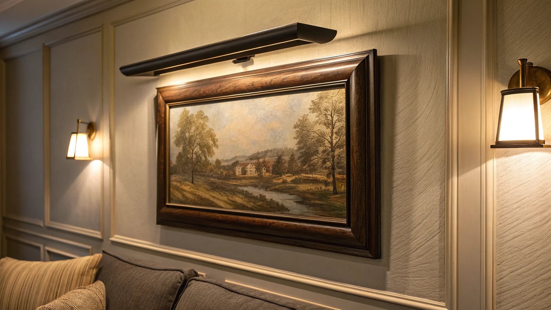 A battery operated picture light highlights a framed painting on a living room wall.