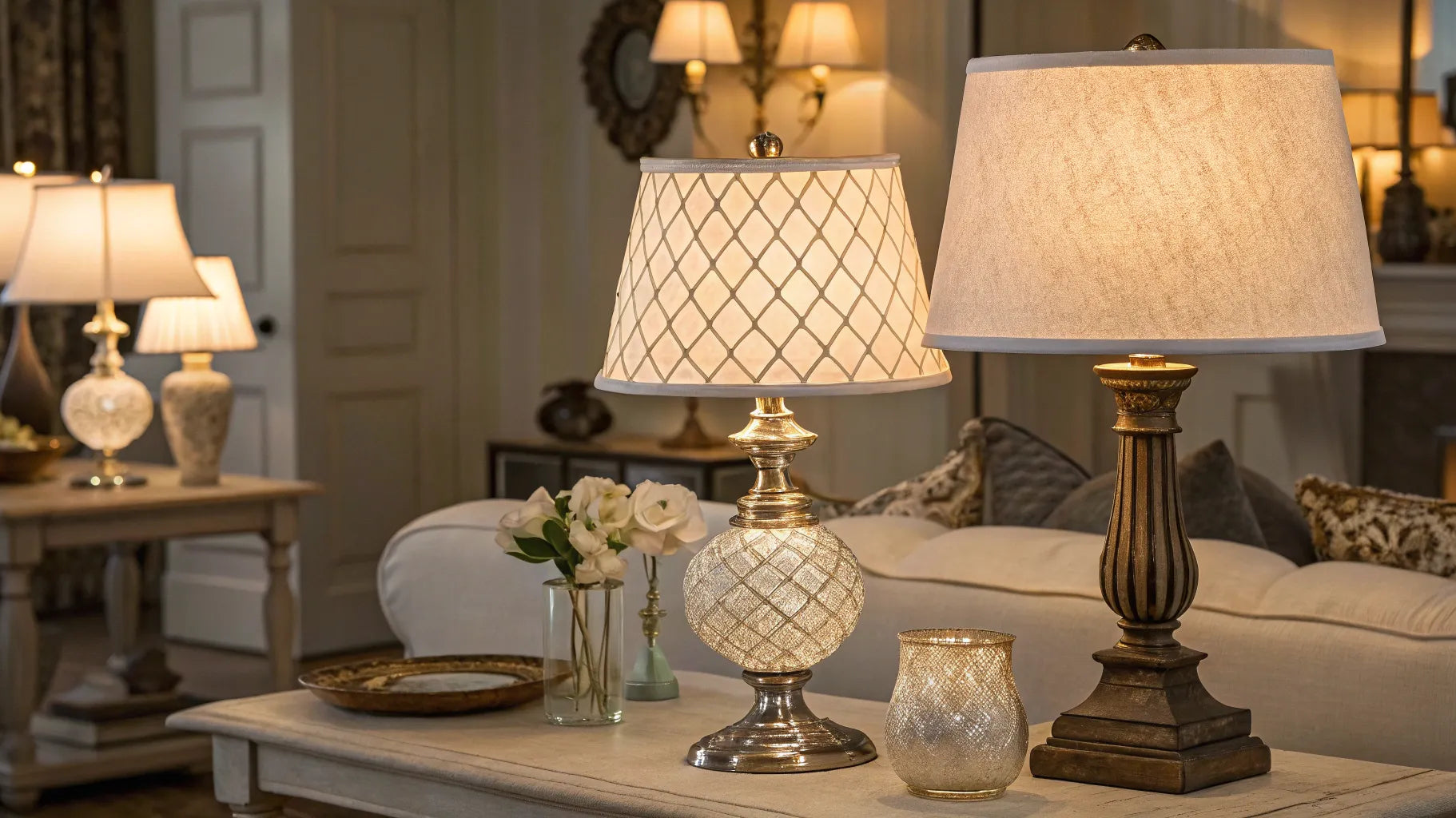 A stylish battery table lamp on a side table in a modern living room.