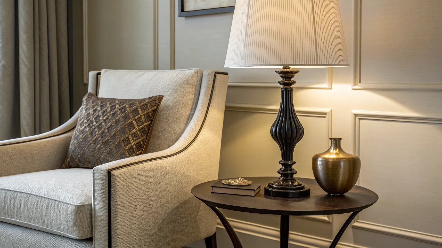 A modern battery lamp on an end table provides stylish, cord-free light for a living room.
