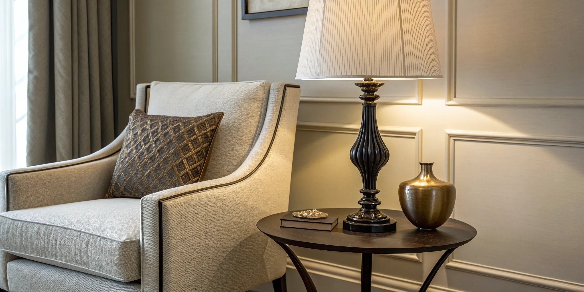 A modern battery lamp on an end table provides stylish, cord-free light for a living room.