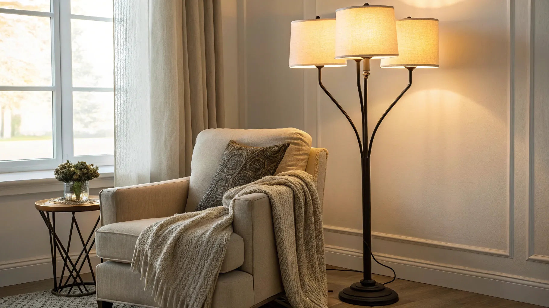 3-lamp floor lamp providing warm light.