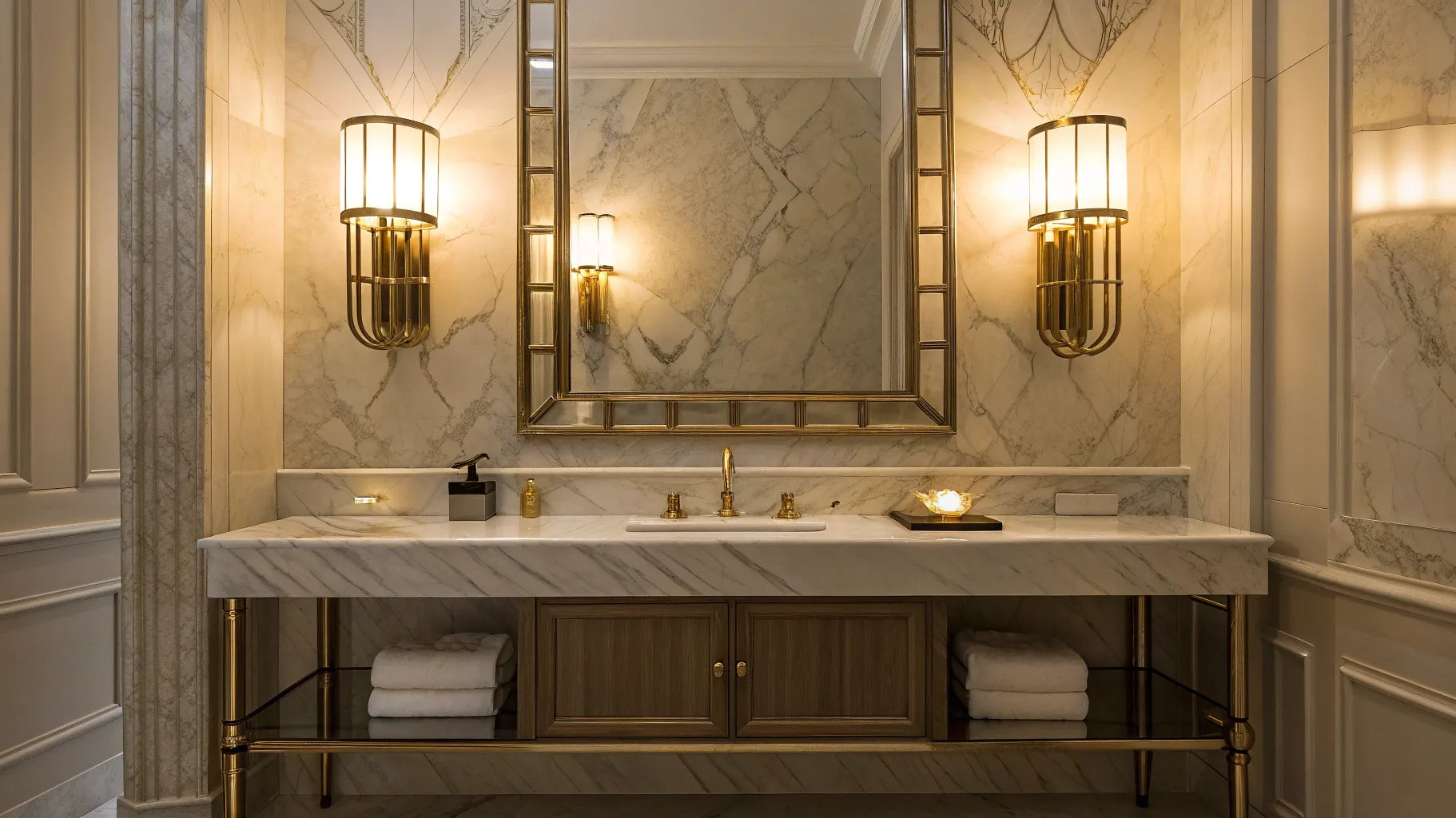 Gold bathroom sconces flank a vanity mirror.