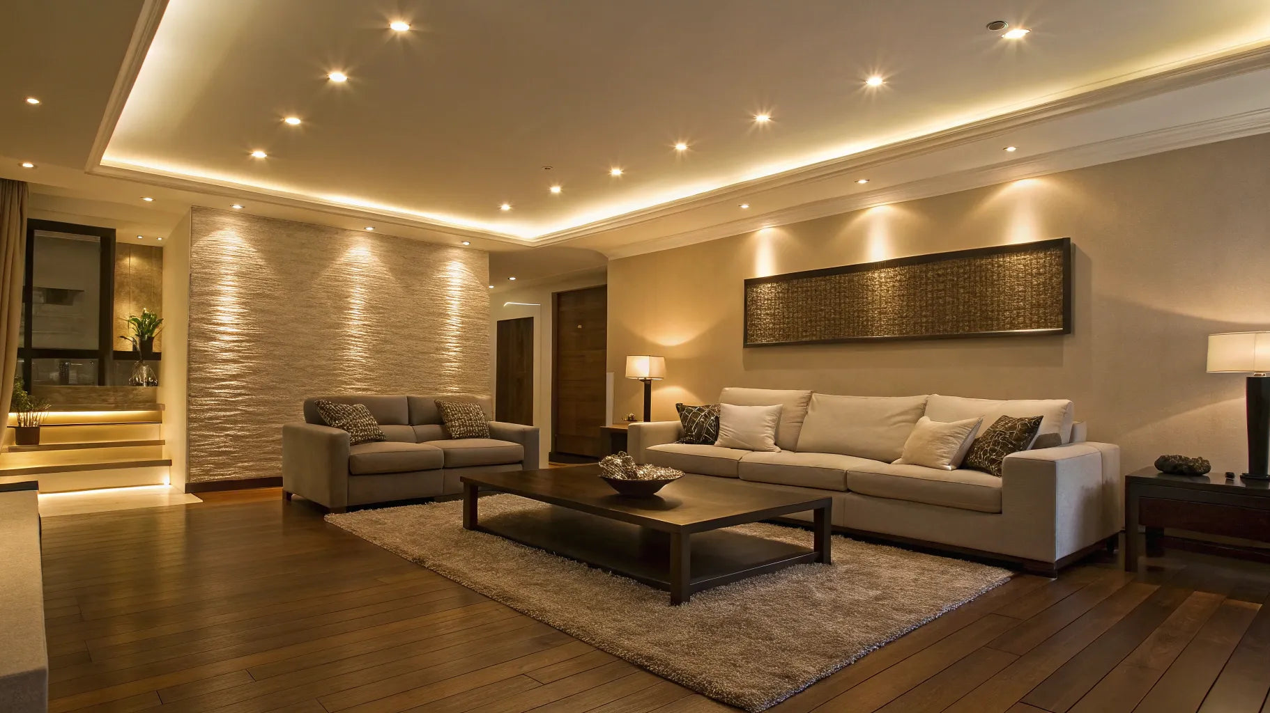 Recessed pot lights illuminate a modern living room.