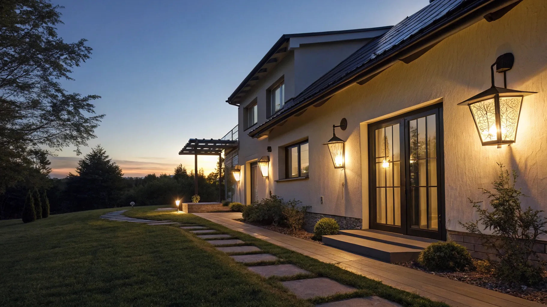 Solar-powered wall lights illuminate a home's exterior.