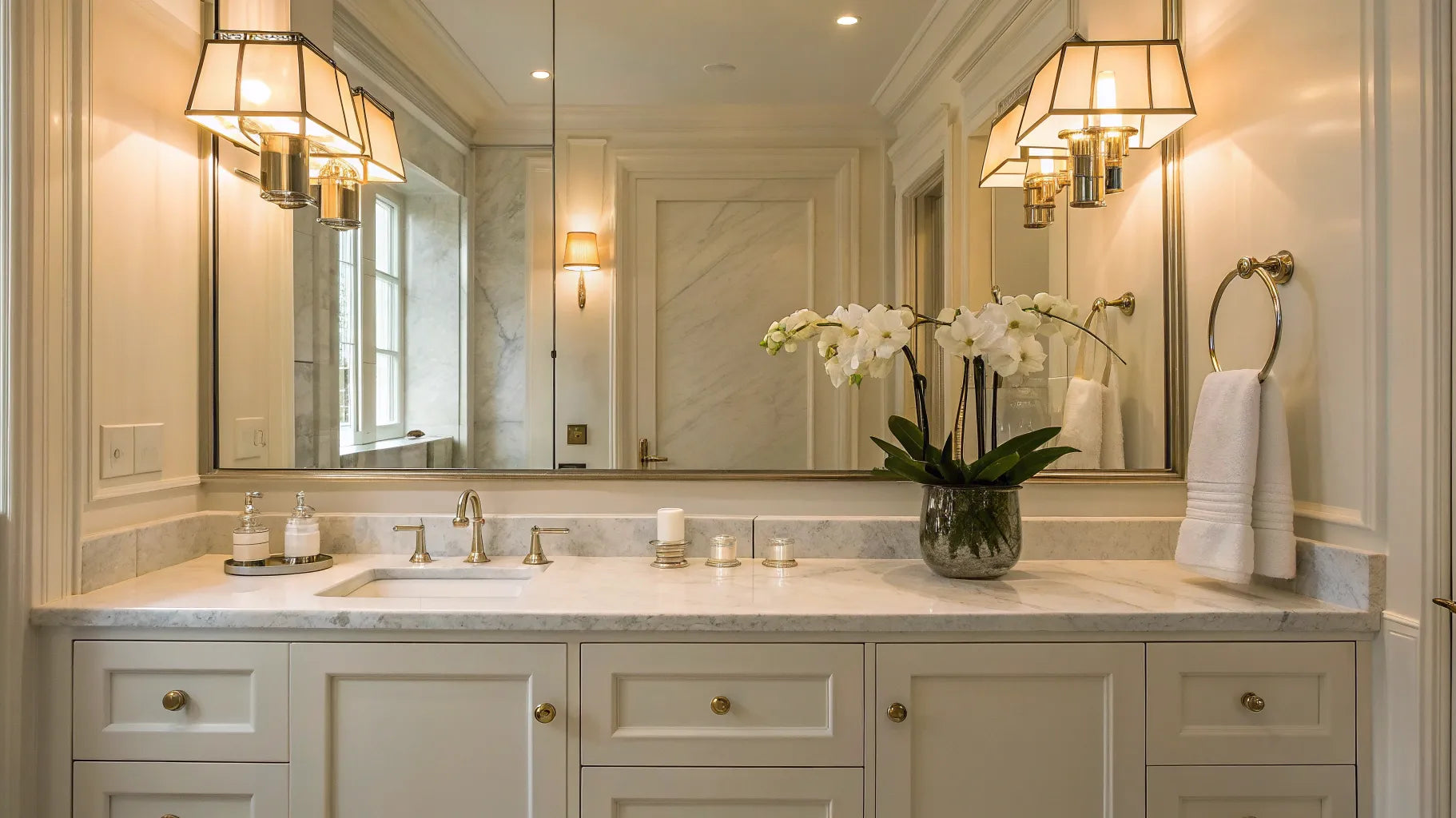 Bathroom vanity with bright lights and a mirror.