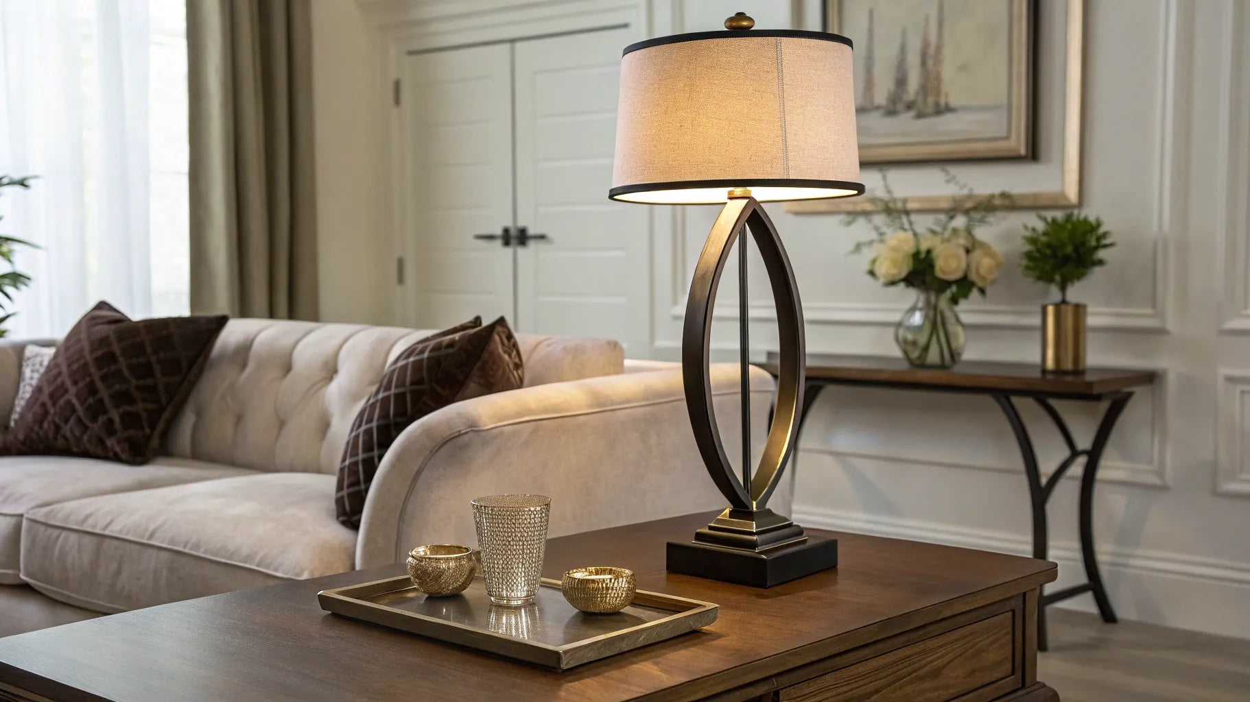Stylish table lamp on living room table.