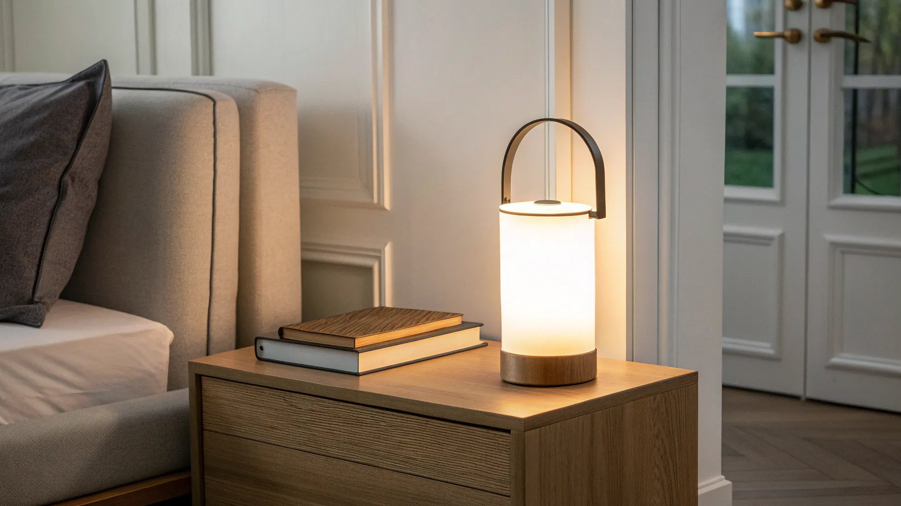 A modern battery-powered emergency lamp on a nightstand for power outages.