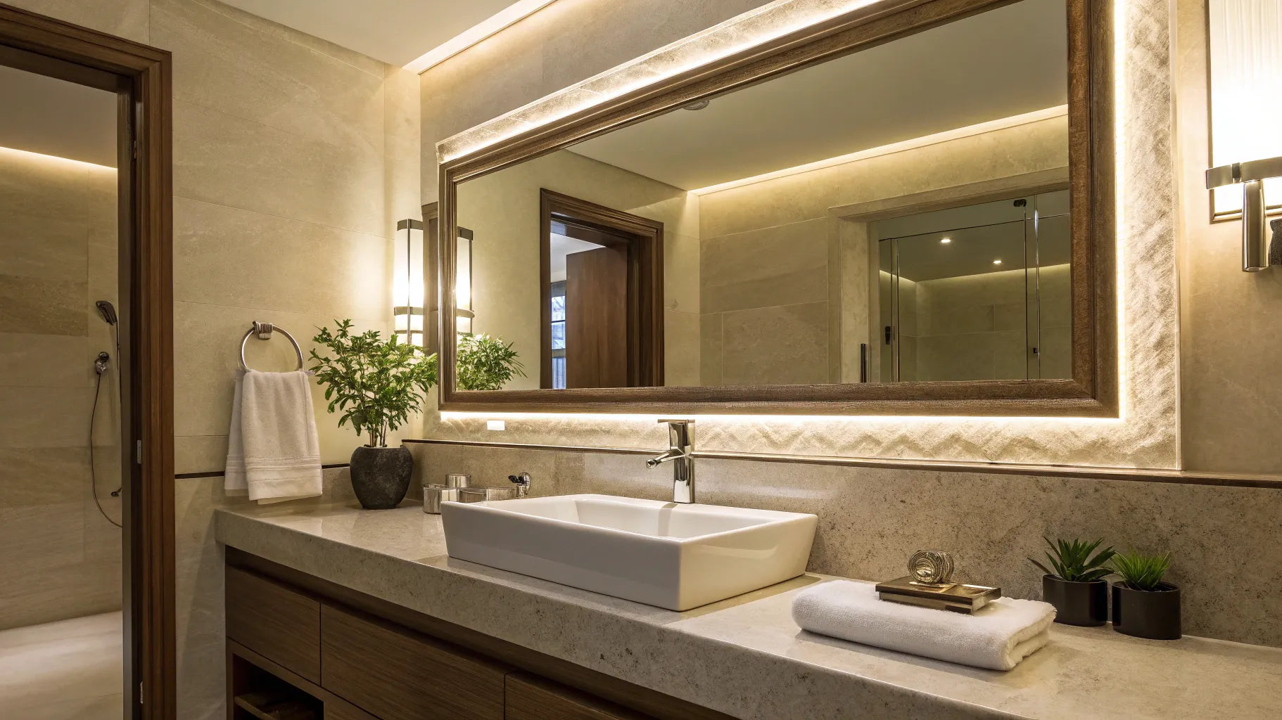 Bright bathroom with recessed lighting and vanity.