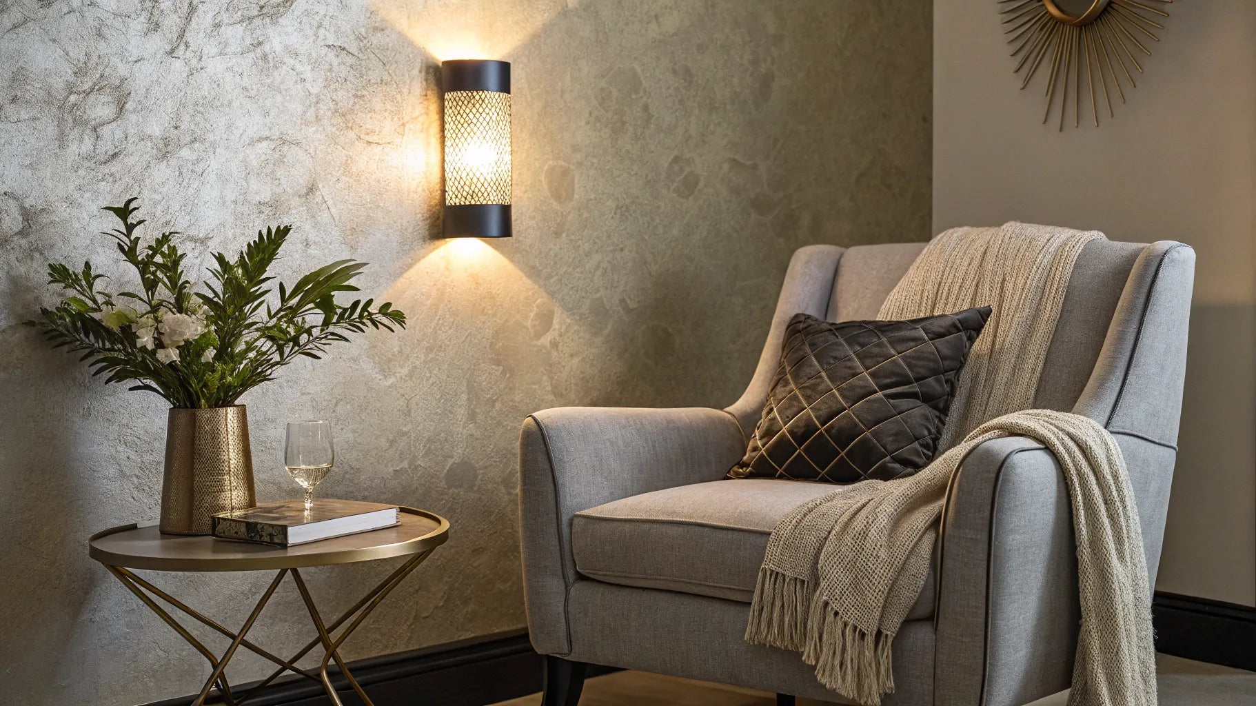 A wireless battery operated wall light creates a cozy reading nook in a modern living room.