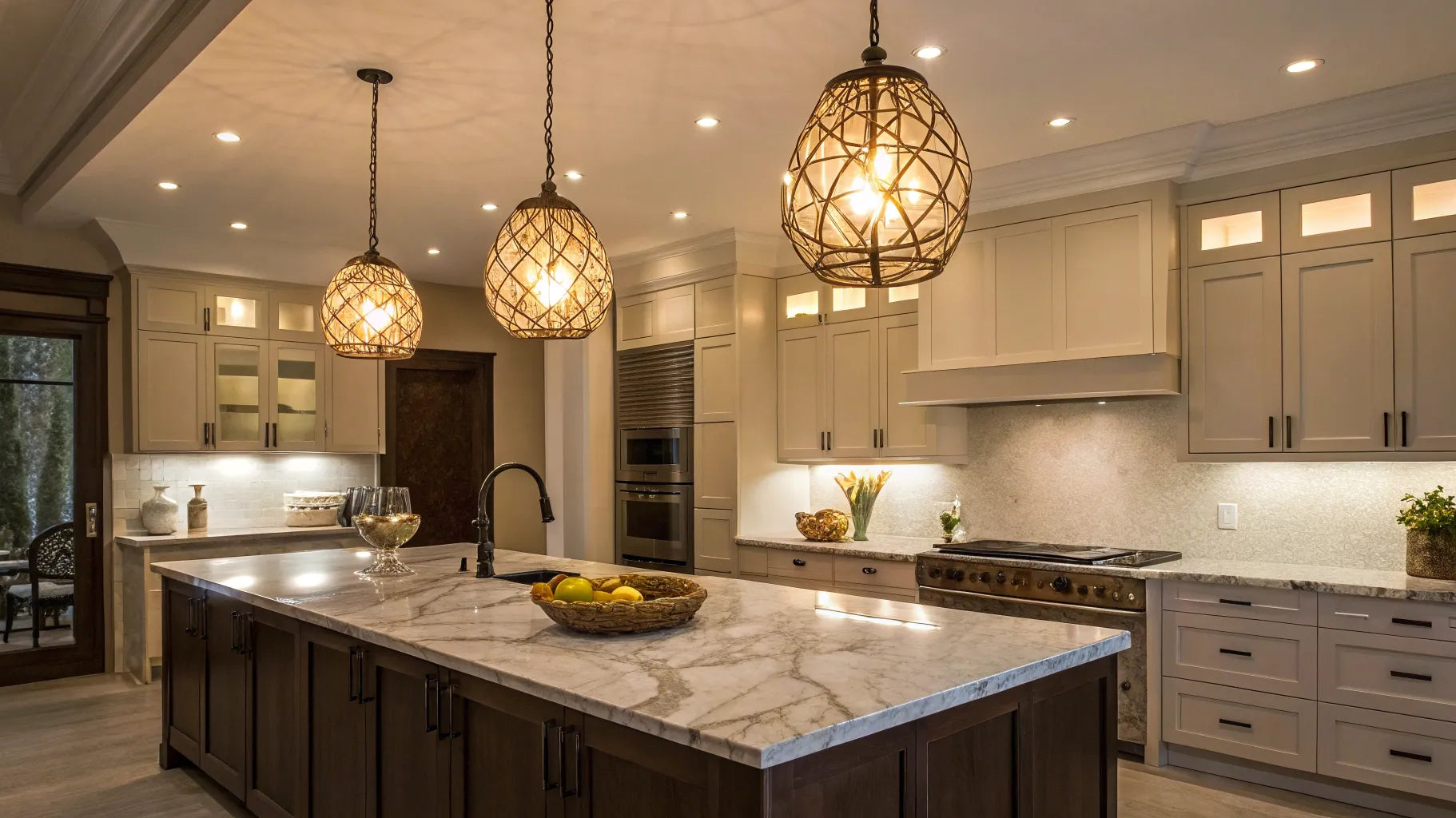 Kitchen ceiling lights illuminate a modern marble island.