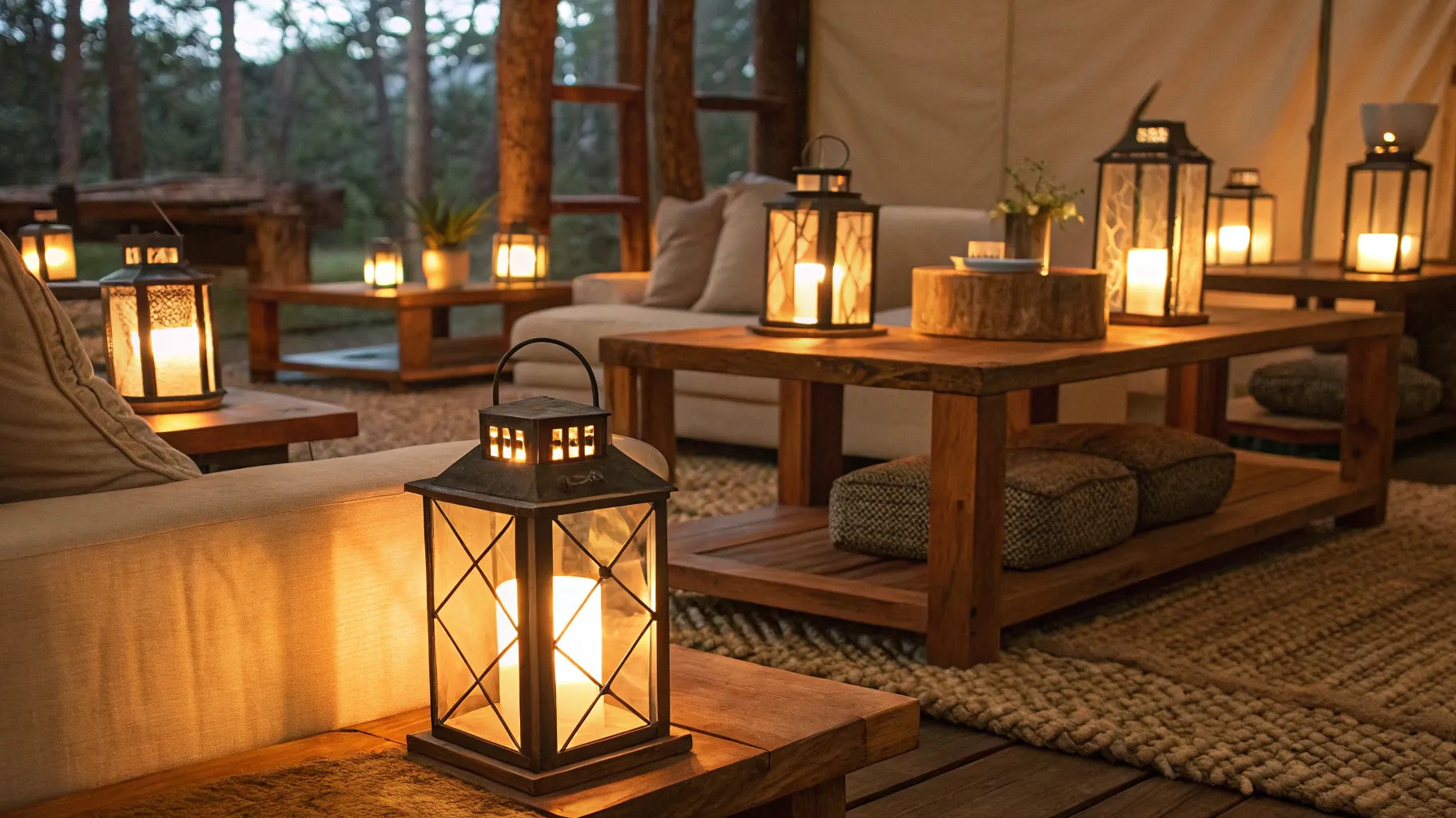 Bright LED lantern illuminates a wooden table.