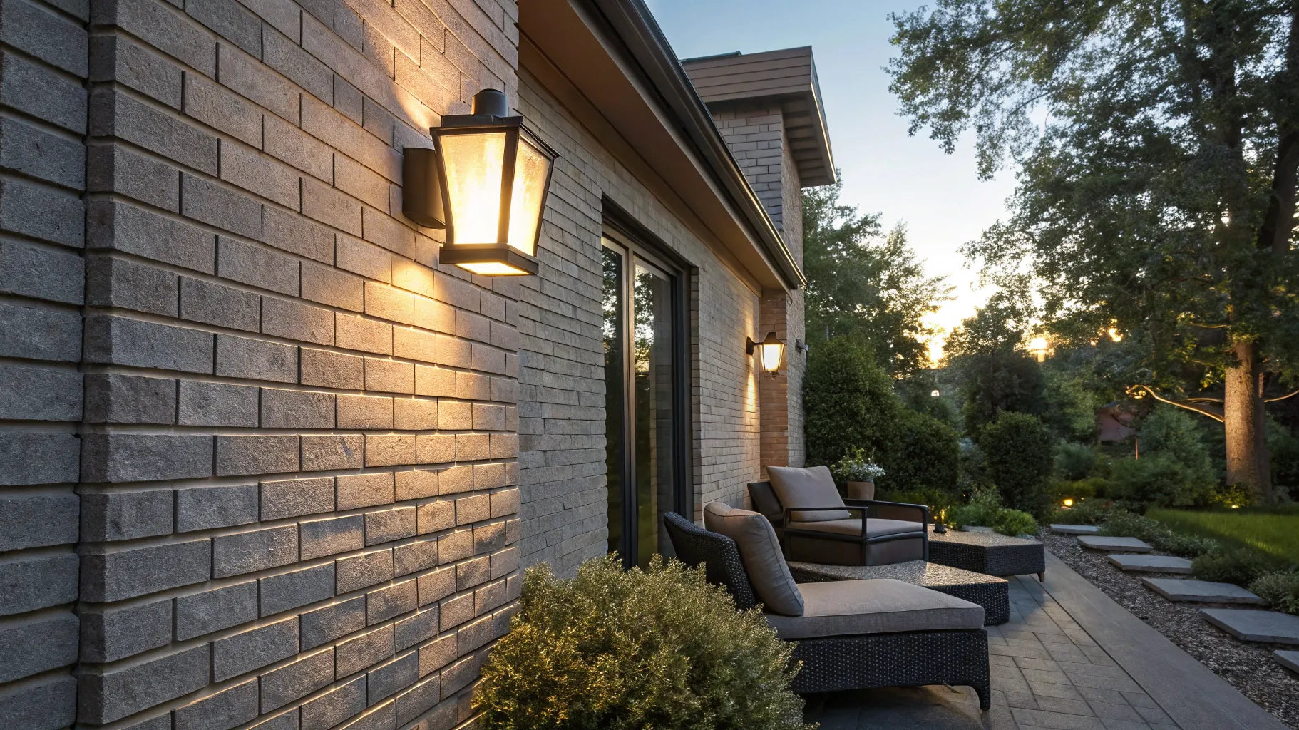 Motion-activated outdoor wall light on brick wall.