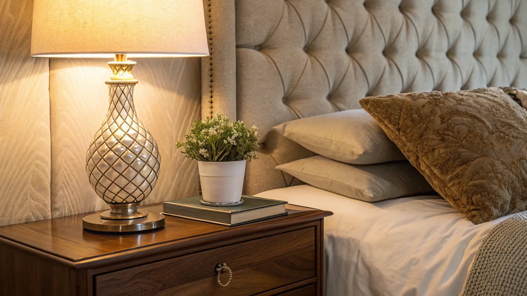 Stylish night table lamp on a nightstand with books.
