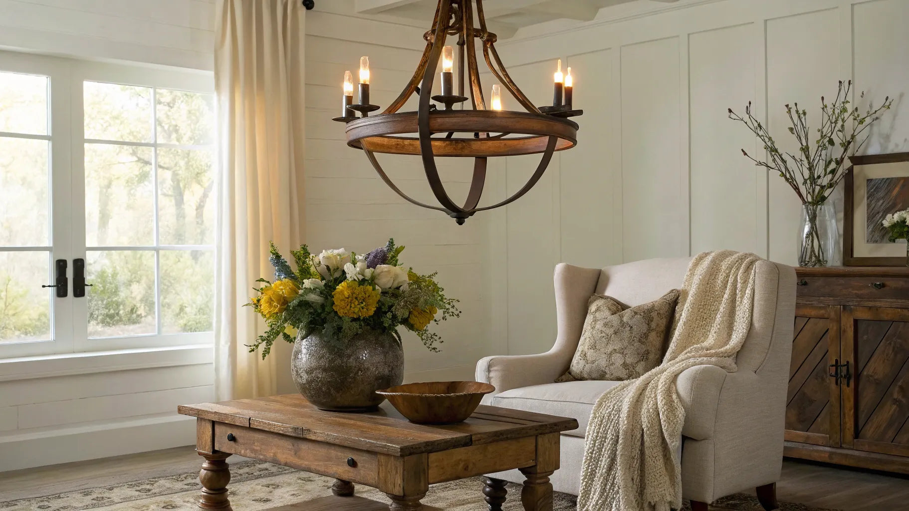 Rustic chandelier hanging from the ceiling.