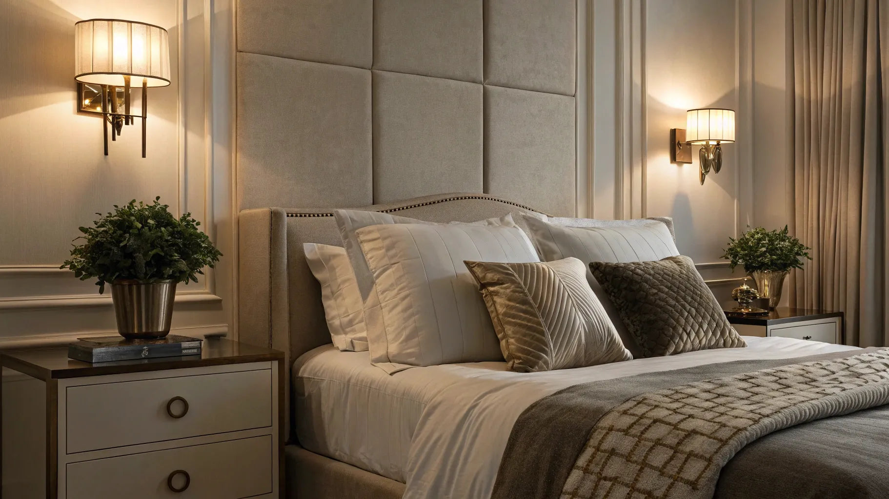 Wall-mounted lights brighten a bedroom.