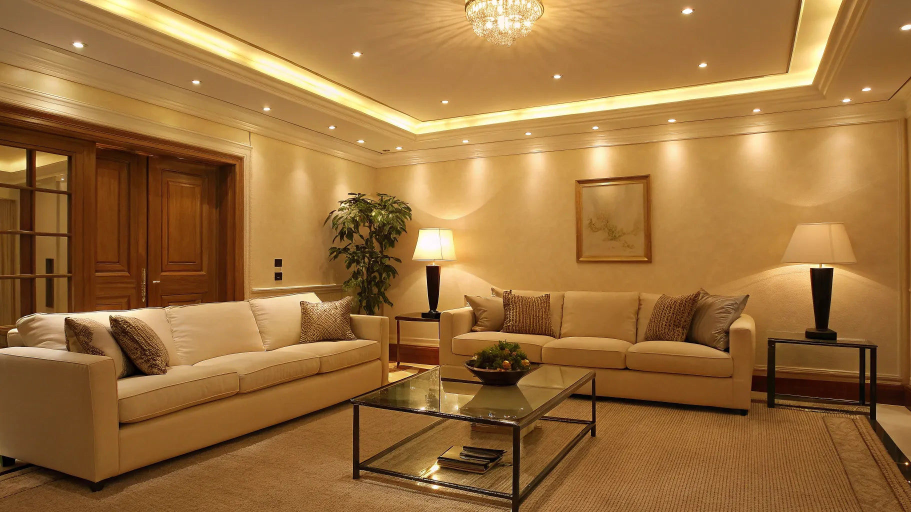Top-rated recessed lights provide warm, ambient living room lighting.