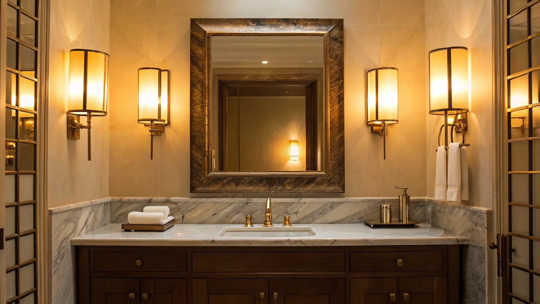 Warm vanity lighting brightens a bathroom.