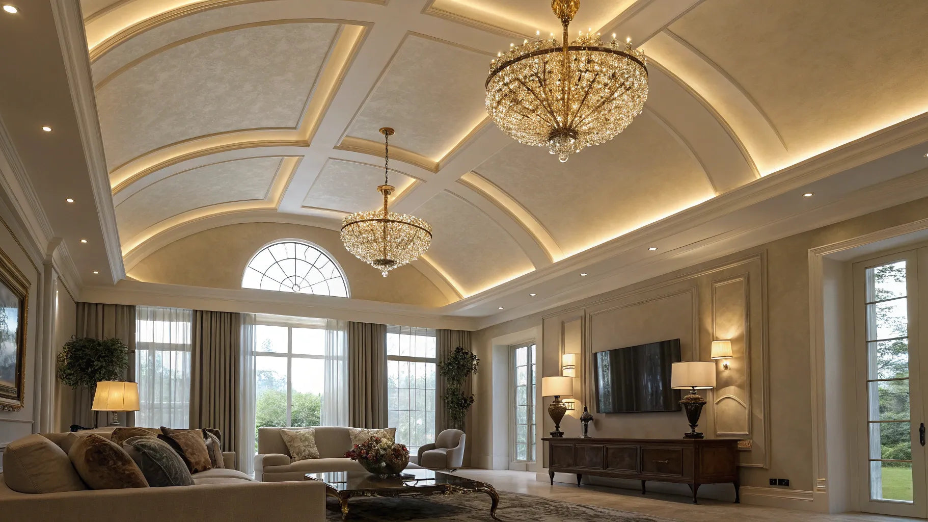 Vaulted ceiling with elegant light fixtures.