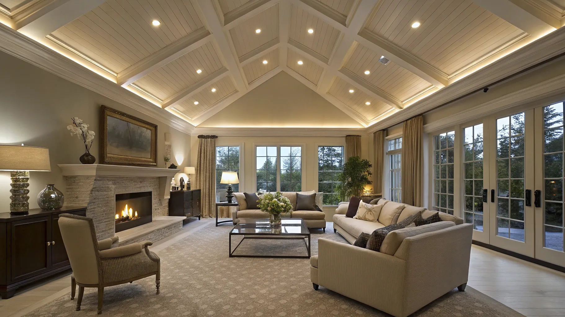 Vaulted ceiling with recessed lighting.