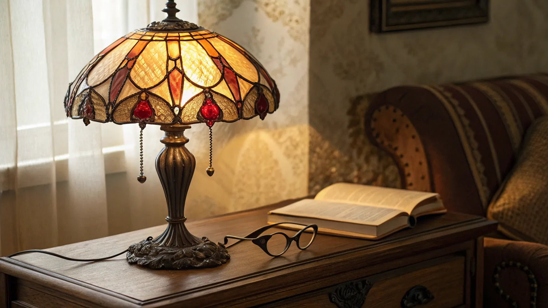 Vintage table lamp with stained glass shade.