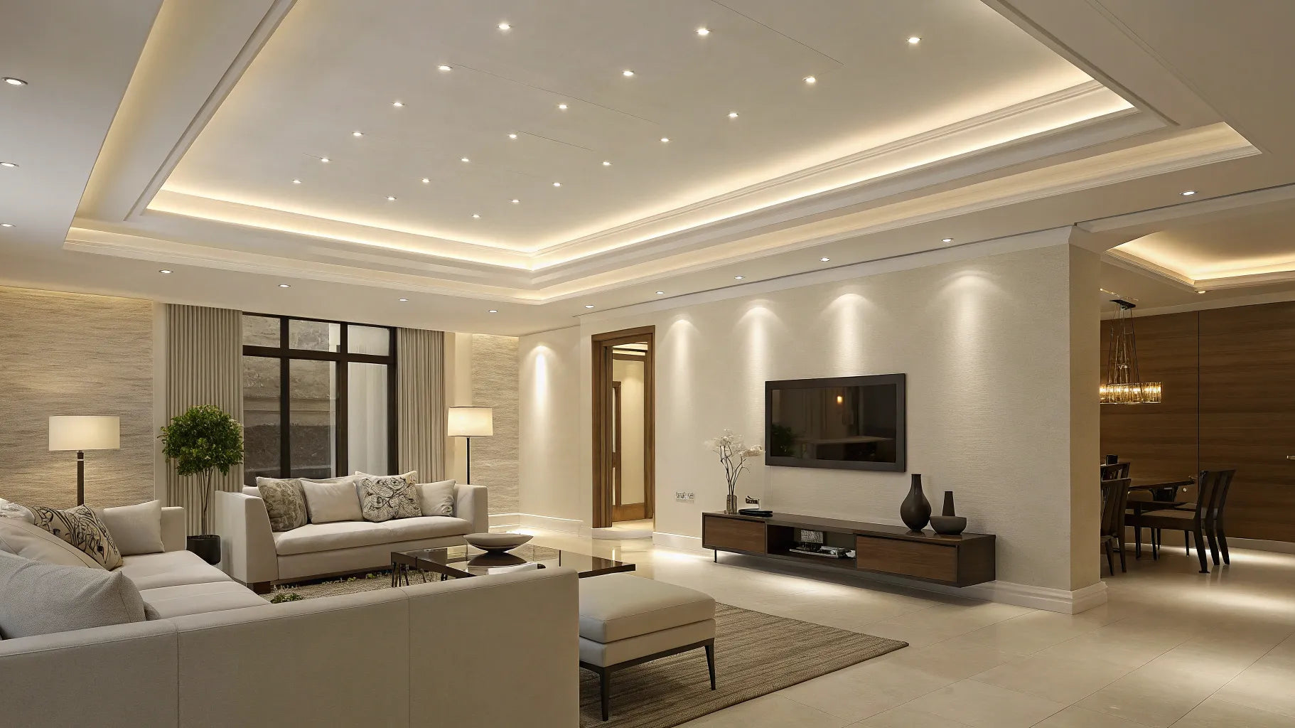Wireless recessed lights illuminate a modern living room.