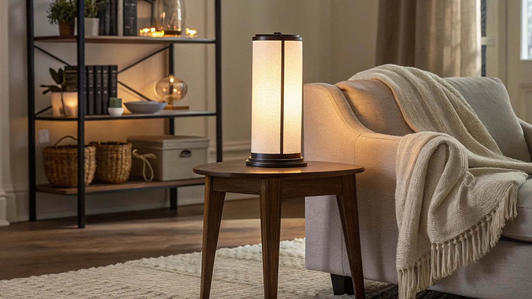 Battery powered table lamp on a side table.