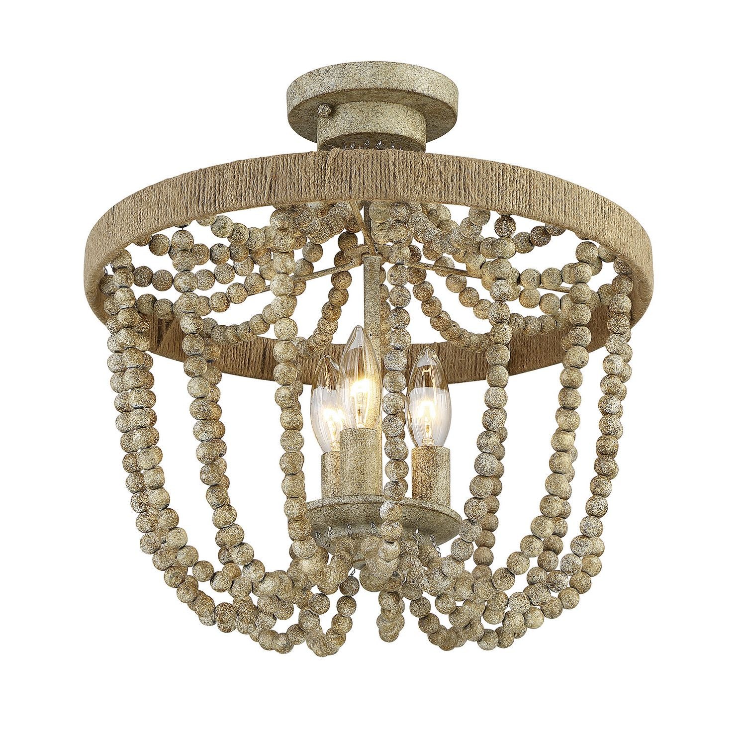 Meridian M60002-97 Three Light Semi-Flush Mount in Natural Wood with Rope