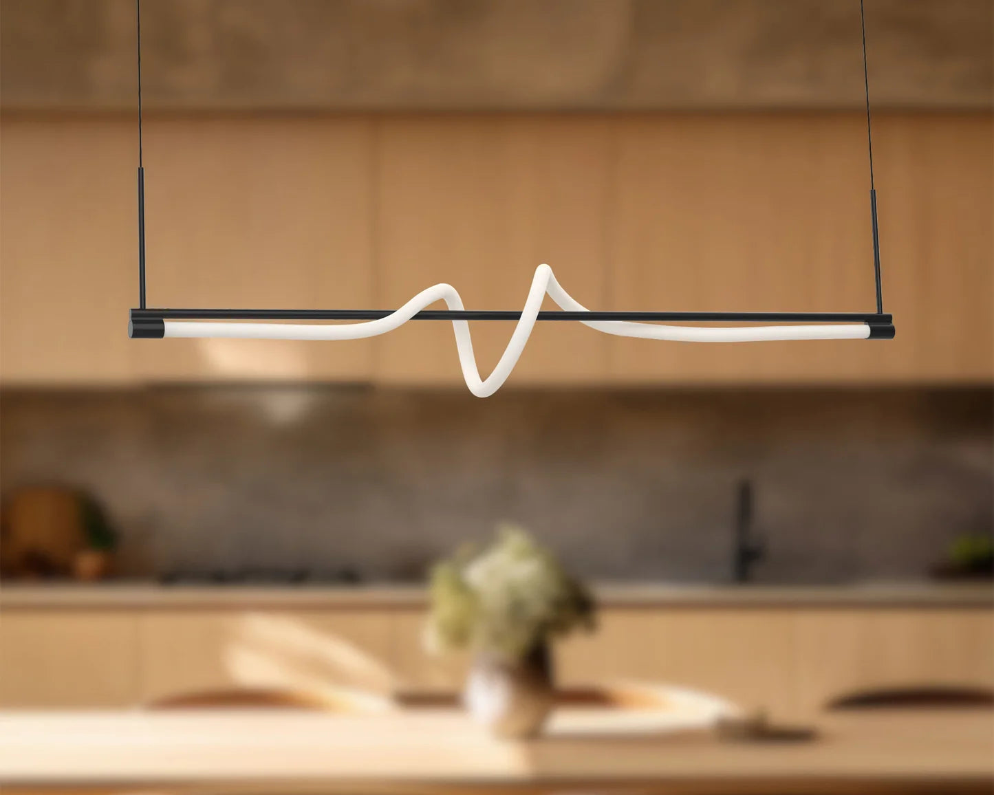 Modern LED linear pendant light over dining table