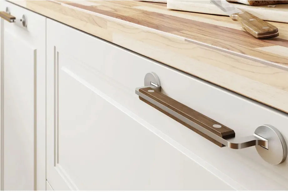 Modern kitchen cabinet with wood and metal pull handle