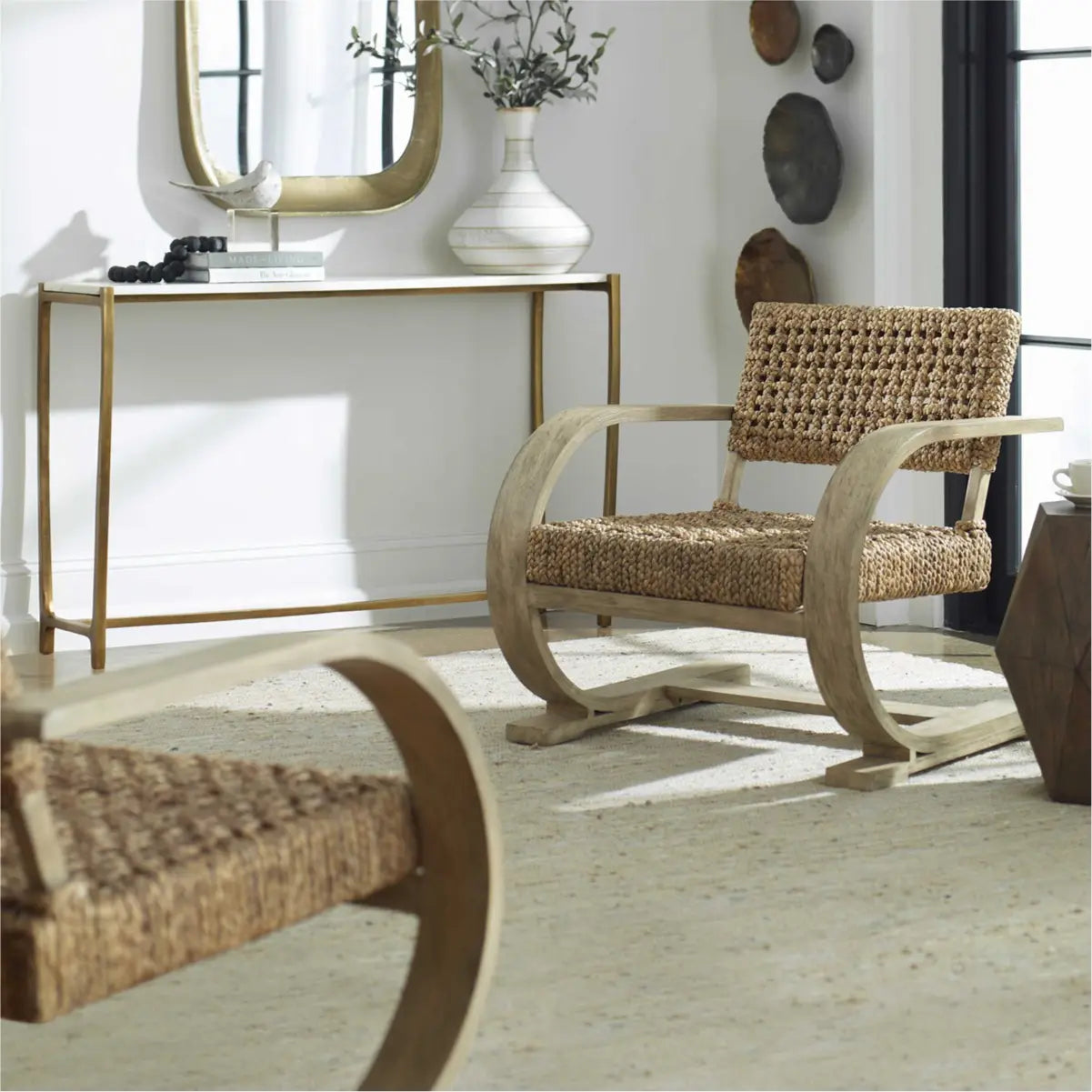 Woven wood accent chairs in cozy living room
