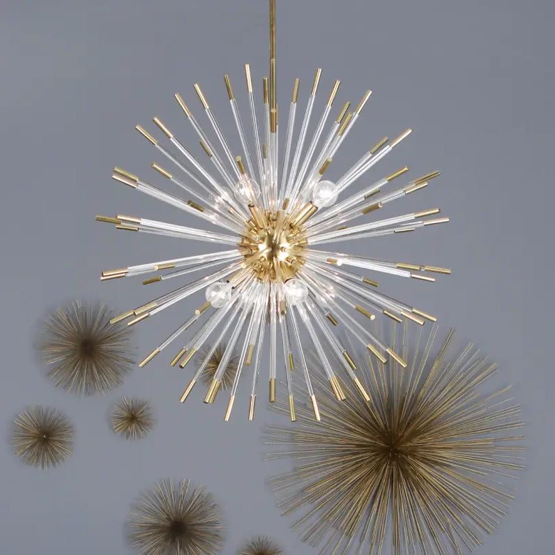 Gold starburst chandelier on ceiling