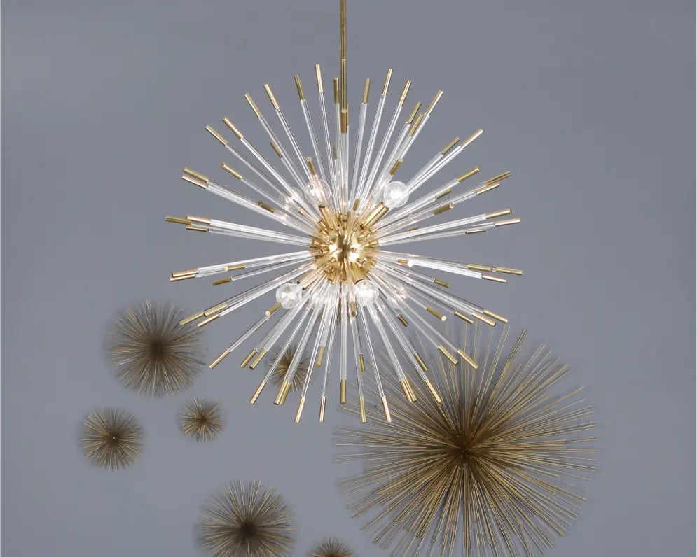Gold starburst chandelier on ceiling