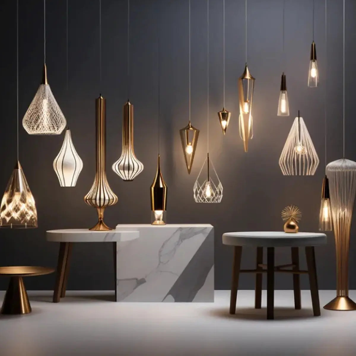 Designer gold and glass pendant lighting display