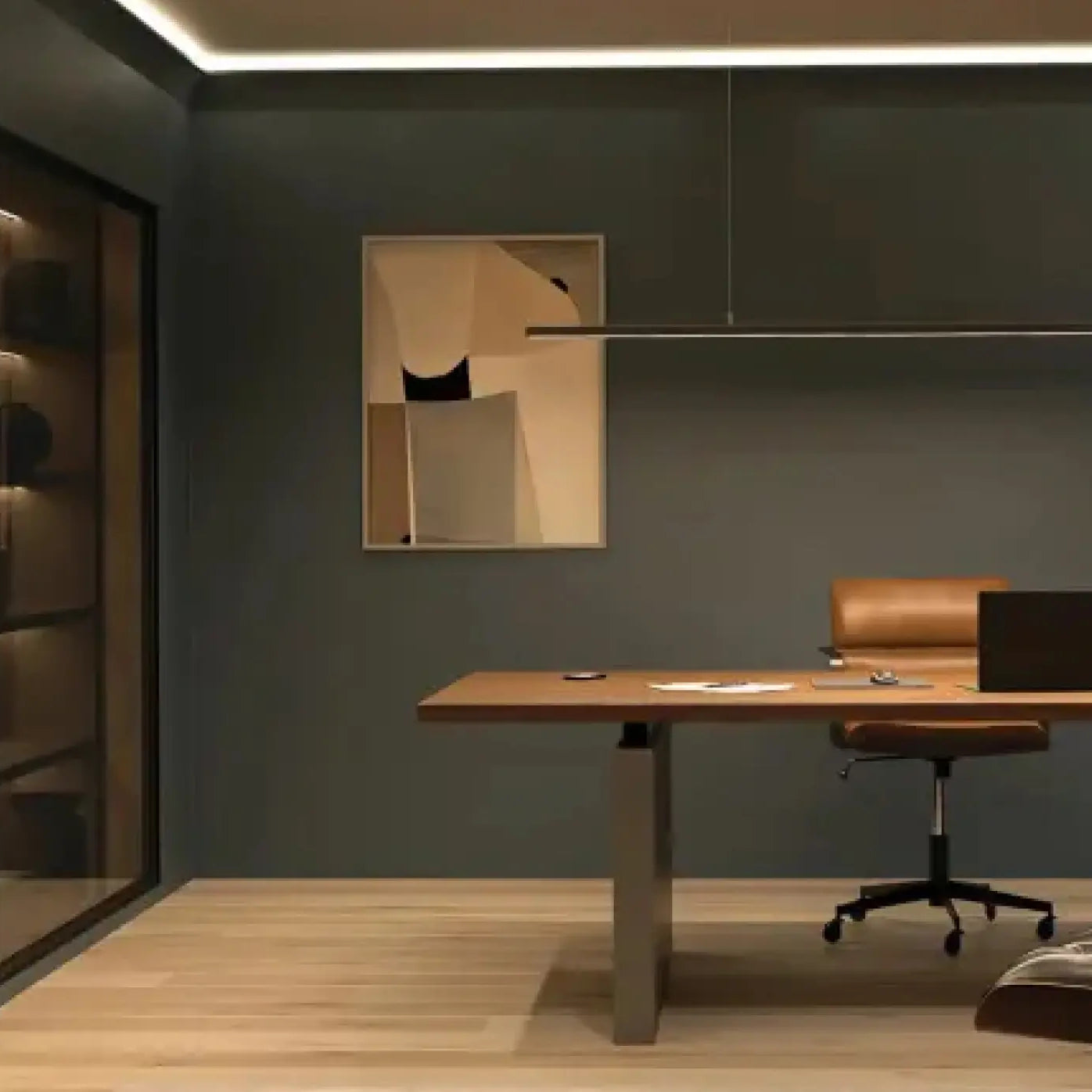 Minimalist office with pendant lighting