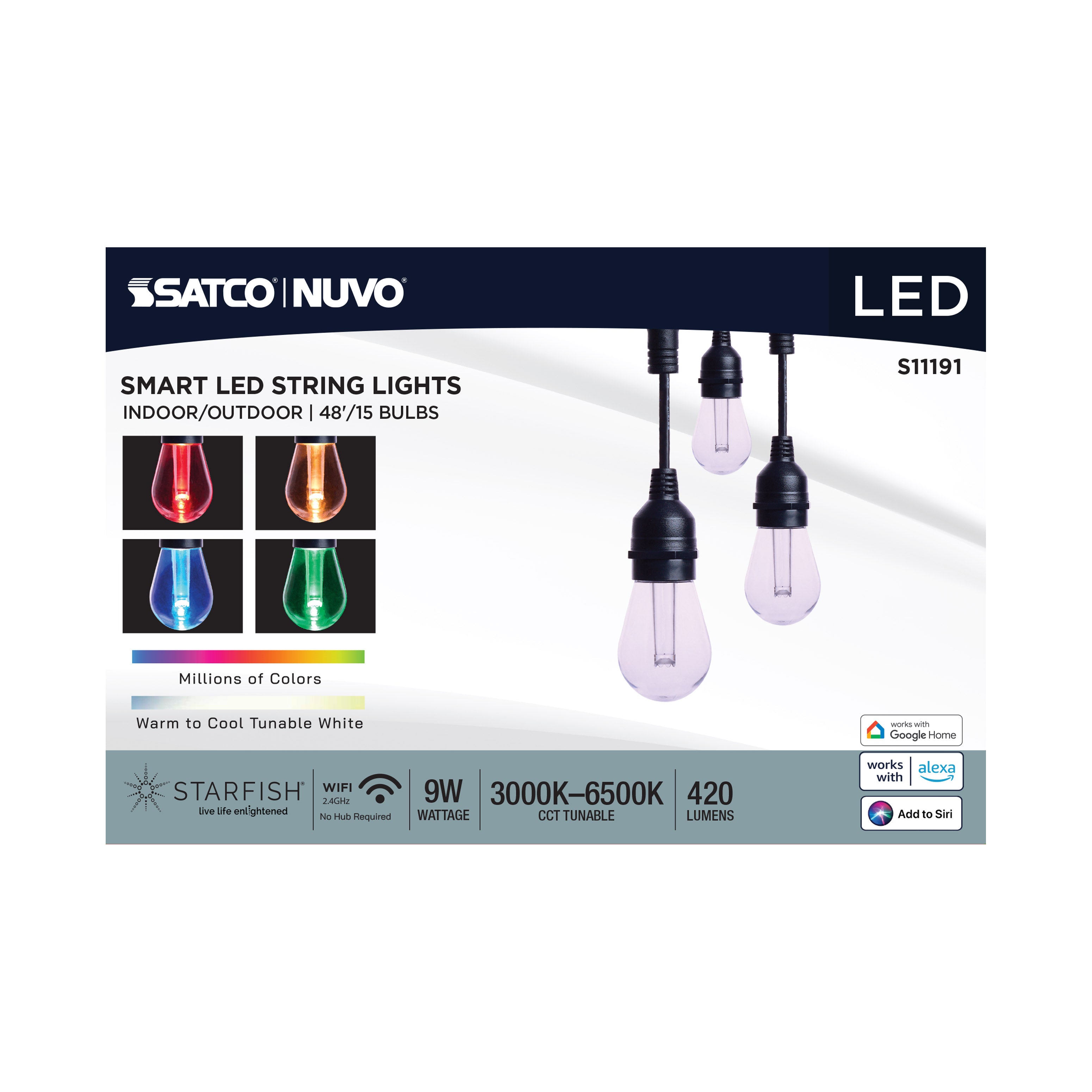 Satco Products S11191 Starfish Smart LED 48ft - 15 Light - Indoor/Outdoor String Lights